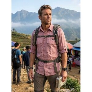 ExOfficio Adventure Wear Men Medium Pink Hiking Shirt Ventilated Roll Tab Sleeve